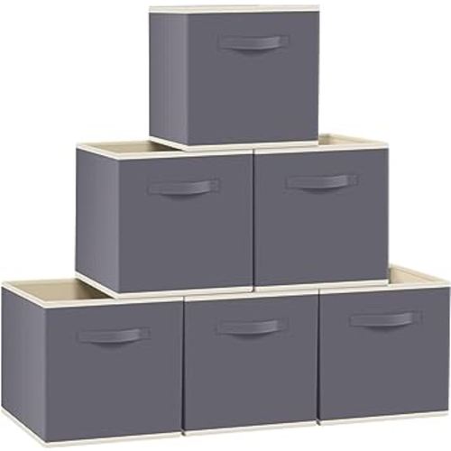 FabTotes Storage Bins 6 Pack Collapsible Storage Cubes, 11"x10.5"x10.5" Large Toy Book Organizer Boxes with Handles and Cardboard, Baskets for Organizing Closet Shelves (Grey)