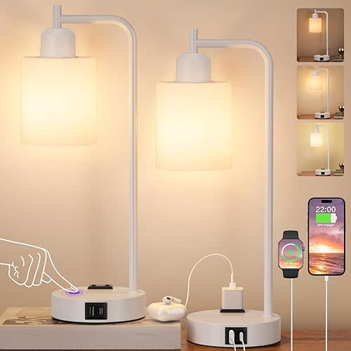 Innqoo Industrial White Table Lamps for Bedrooms Set of 2-3-Way Dimmable Desk Lamp with USB C+A Ports and Outlet, White Lamps with Opal Glass Shade for Living Room