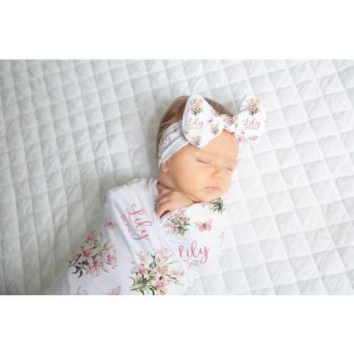Lily Swaddle Blanket -Personalized Baby Girl Blanket and Opt Headband Set -Lilies Name Blanket -Coming Home outfit -Lily Baby Shower sbs205