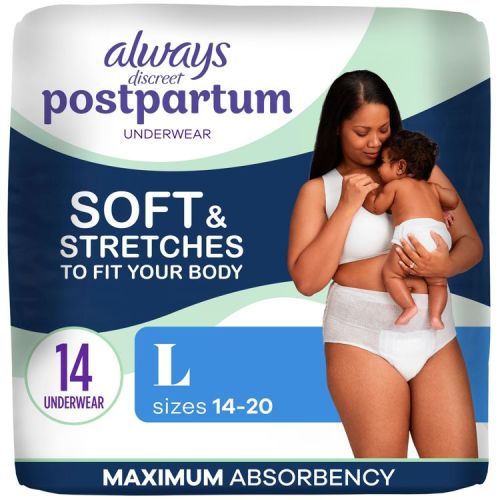 Always Discreet Postpartum Underwears - L - 14ct: Maximum Absorbency, Incontinence Protection, Waist Size 38-50