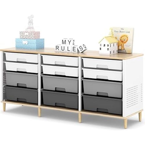 TOOLF 12 Drawers Storage Cabinet with Wooden Top and Plastic Bins, Grey