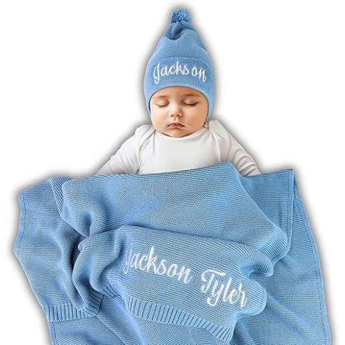Personalized Baby Blanket, 100% GOTS Organic Certified, Customized Swaddle Blanket with Name, Receiving Blankets for Boys and Girls, Perfect Custom Gifts for Newborns, Kids and Baby Showers Blue
