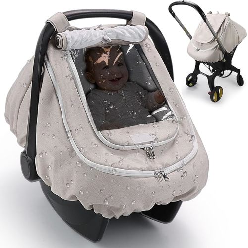 Waterproof Car Seat Cover for Baby, 2-Layer Car Seat Rain Cover with Clear Window & Sunshade & Mesh Cover, Universal Infant Carseat Canopy for Stroller, Protect from Rain and Snow - Beige