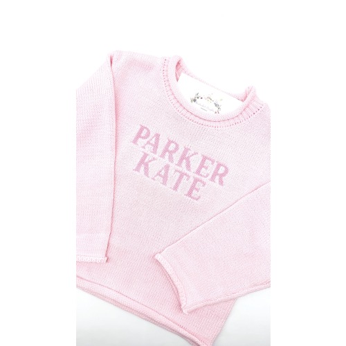 Girls Unisex Monogrammed Light Blue Cotton Knit Rollneck Sweater Small Cross Stitch Font Sizes 6m - 6 yr
