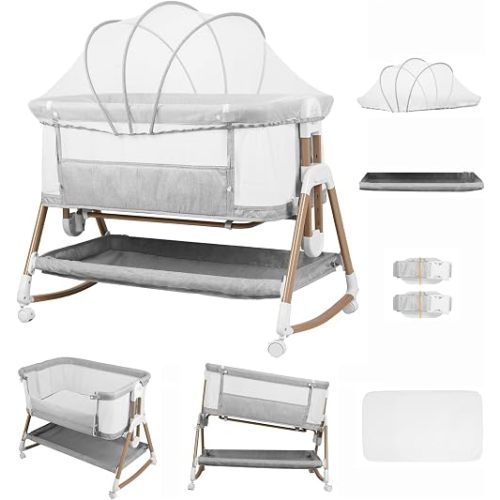 Bedside Baby Bassinet with Mosquito Net, 3 in 1 Rocking Bassinet with Wheels, 6 Height Adjustable, Easy Folding Portable Bedside Crib for Newborn Infant (Grey)