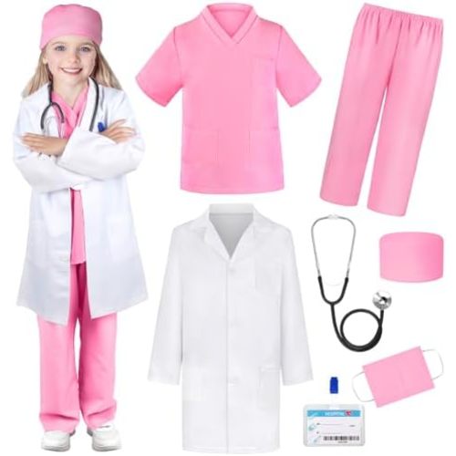 Doctor Costume for Kids Scrubs Real Stethoscope Lab Coat Halloween Costumes Career Day Costume For Kids Girls 3-12