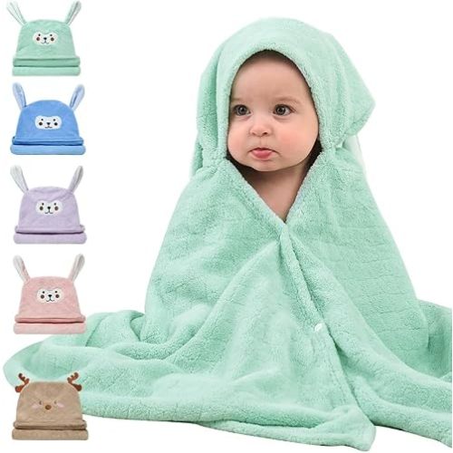 Coral Velvet Hooded Baby Towel - Cute Animal Print, Ultra-Absorbent & Quick-Drying for Newborn to Toddler 27.5x55 Inch, Machine Washable