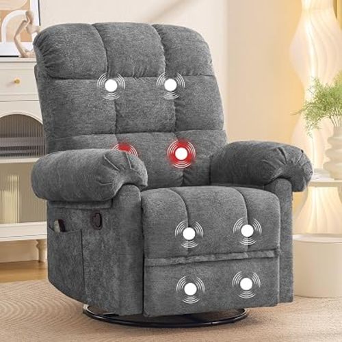 Korser 360° Swivel Rocker Recliner Chair, Rocking Chair Nursery with Massage and Heat, Small Recliners for Small Spaces, Manual Recliner Chair with Cozy Chenille Fabric, Side Pockets for Living Room
