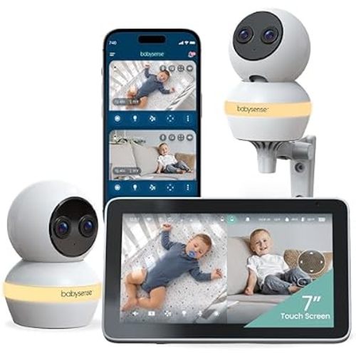 Babysense TOUCH 7" Touchscreen Smart WiFi Baby Monitor with App, Camera and Audio, 2 Cameras with Night Light, 4MP Dual-Lenses with 6X Zoom, AI Auto Tracking, Focus Area, Split-Screen, No Subscription