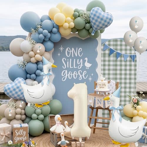 Silly Goose Balloon Arch Kit for Baby Boy or Girl First Birthday Decorations, Goose Balloon Garland with Goose Balloons for Baby Shower, Farm Animal Country Birthday Party Supplies (136PCS)