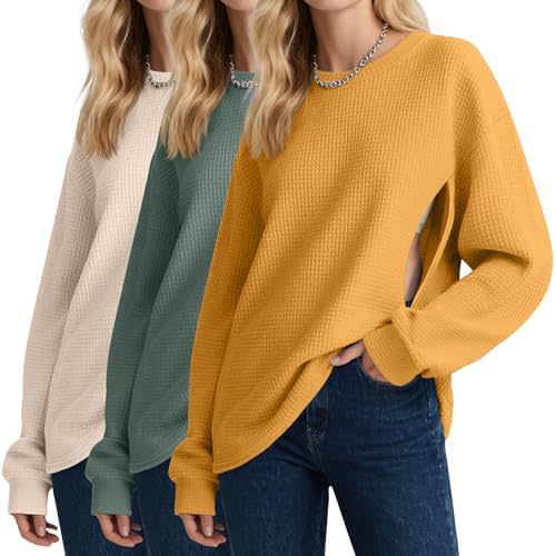 Oakgarden 3 Pack Women's Oversized Nursing Tops, Waffle Knit Breastfeeding Zipper Sweatshirt Long Sleeve Maternity Shirts