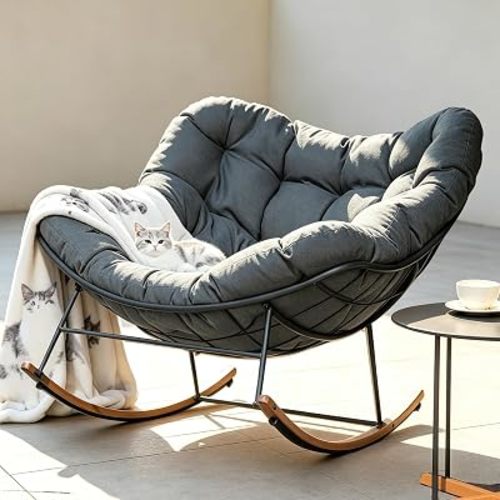 Oversized Papasan Rocking Chair with Thickened Cushion, Heavy-Duty Cozy Egg Chair, Relaxing & Bedroom Living Room,Large Comfy Lounge Chair for Reading, Gray