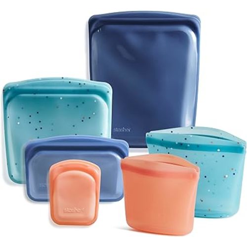 Stasher Premium Silicone Reusable Food Storage Bags, 6-Pack, Starter Kit, Sea Spray, Multi-Use Food Storage Bags, Lunch Bag, Travel Containers, BPA Free, Leak-free, Dishwasher-Safe, Eco-friendly