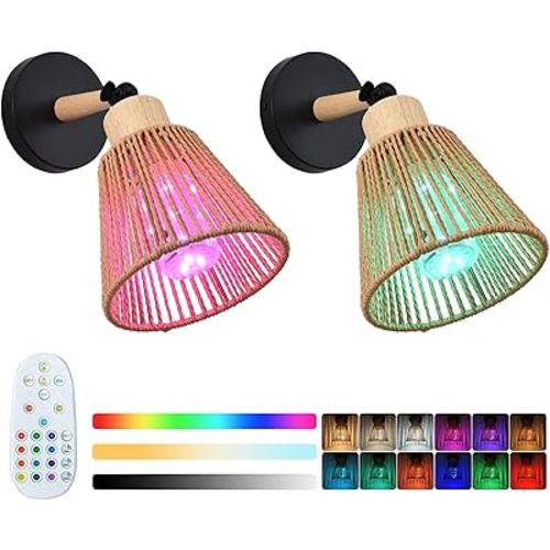 Battery Operated Rattan Wall Sconce Set of 2, Rechargeable Wireless Boho Wall Light Vintage Cordless Wall Lamp with Remote Control for Bedroom Living Room