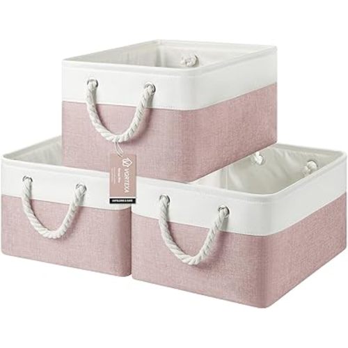 Large Storage Baskets- 15.7x11.8x8.26 inch Storage Bins for Shelves and Closet Organizing, Foldable Fabric Bin for Home Organization Clothes and Laundry (3-Pack, White&Pink)