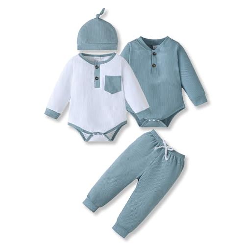 NZRVAWS Newborn Baby Boy Clothes Long Sleeve Romper Pant Set Hat 2-Pack Infant Baby Boy Outfits Fall Winter Clothing Set