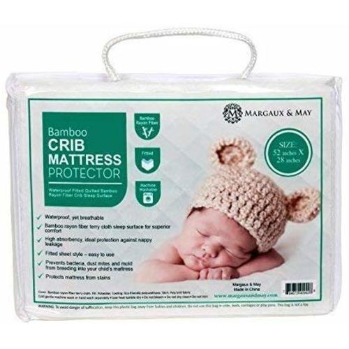 Crib Mattress Protector Pad by Margaux & May - Waterproof, Ultra Soft - Dryer Friendly - Deluxe Bamboo Rayon - Fitted Quilted Pad - Absorbent Stain Protection Baby Cover (Standard Size 52” x 28”)