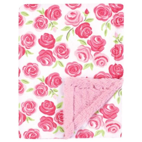 Hudson Baby Girls Plush Blanket with Furry Binding and Back, Pink Roses, One Size