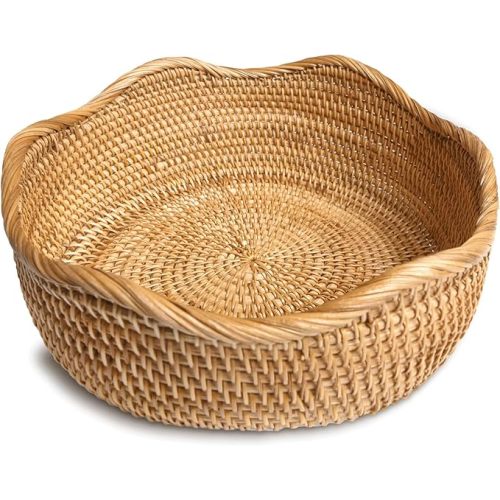 HITOMEN Handmade Rattan Bread Baskets Round Wicker Fruit Serving Storage Bowls, Natural Woven Decorative Kitchen Counter Organizing (Honey Brown) M-10.2"