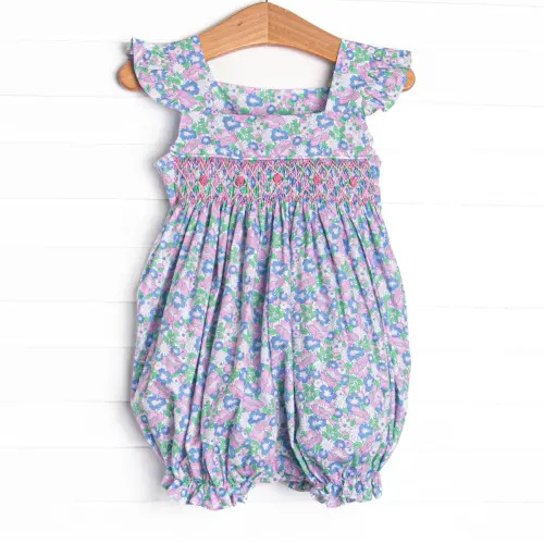 Portia Pastel Petals Smocked Bubble Romper, Purple (9M)