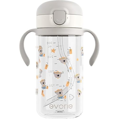 Evorie Tritan Toddler Sippy Cup with Silicone Straw, Spill-Proof Straw Water Bottle for Kids 1-2 Years Old, 10 oz, Removable Handles, Ideal for School (Koala)