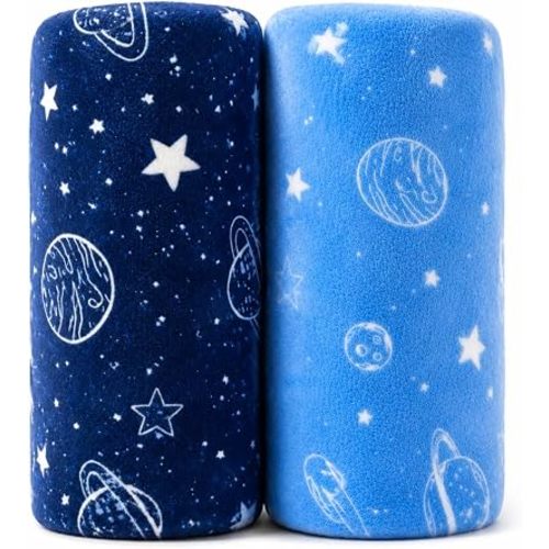2 Pack Baby Blanket for Boys and Girls, 30 x 40 Inch Soft Minky Flannel Fleece Receiving Blankets, Blue Space Planet Star Newborn Stroller Crib Blankets, Baby Boy Girl Essentials