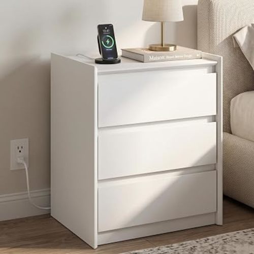 White Nightstand with Charging Station, 24" H, 3-Drawer Storage
