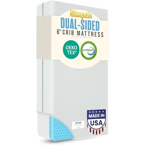 Sleepah 6" Crib & Toddler Bed Mattress - Made in USA – Waterproof Washable Breathable Soft Fabric - Dual Sided Cooling Memory Foam – CertiPUR & OKEO-Tex Certified Mattresses for Baby & Toddlers Blue