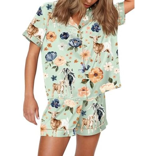 SHESHOW Satin Pajamas for Women Set Preppy Animals Pjs Short Sleeve Shorts 2 Piece Loungewear Sets XS-XXL