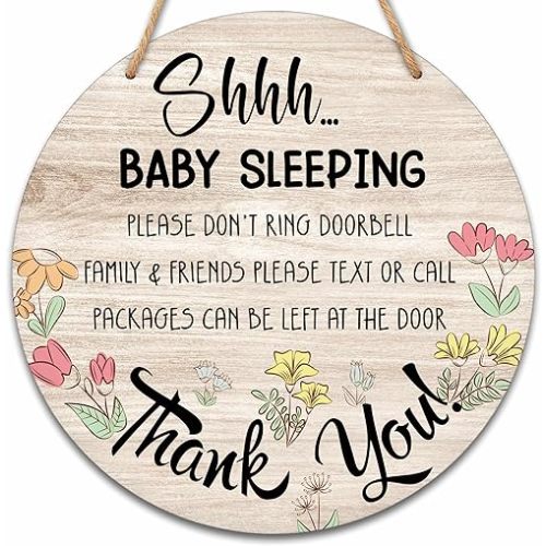 valucise Baby Sleeping Sign for Front Door, Do Not Knock or Ring Doorbell Round Hanging Sign With Rope, Rustic Wooden Baby Bedroom Nursery Home Front Door Porch, New Mom Gifts, B(04)