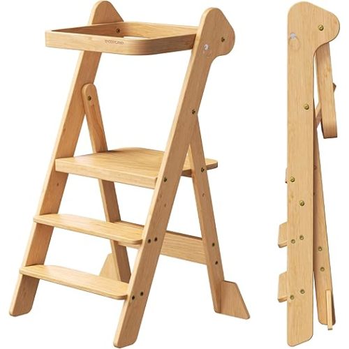 COSYLAND Foldi Foldable Toddler Kitchen Stool - Adjustable Height Toddler Standing Tower with Net & Safety Feet, IF Award-Winning Wooden Learning Step Tower for Kids Ages 18M-6Y, Natural
