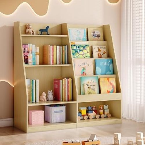 Tatub 4 Tier Kids Wood Bookshelf and Toy Storage for Nursery, Natural Wood