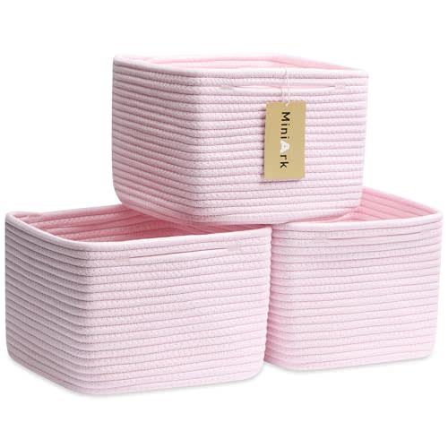 Small Organizing Baskets for Cubes Shelf, 9.7x9.7x7.1 Inch Rope Woven Storage Bins for Nursery Shelves Storage, Cute Toy Basket, Square 3 Packs Light Pink
