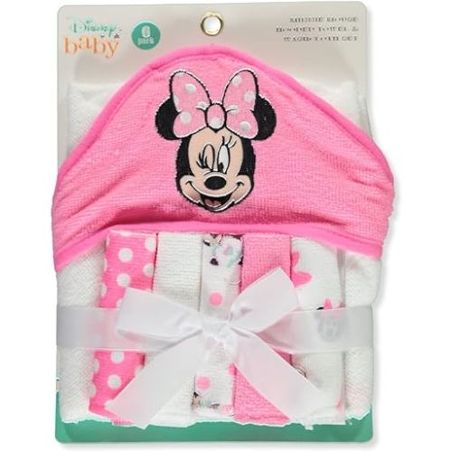 Cudlie Accessories Disney Baby Minnie Mouse Hooded Towel with 5 Piece Washcloth Set, Cute Face Print, GS71797 Pink One Size