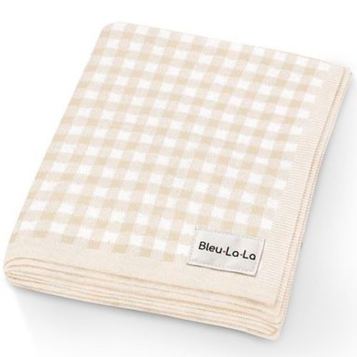 Bleu La La 100% Luxury Cotton Knit Swaddle Receiving Crib Baby Blanket for Newborns and Infant Boys and Girls - Beige