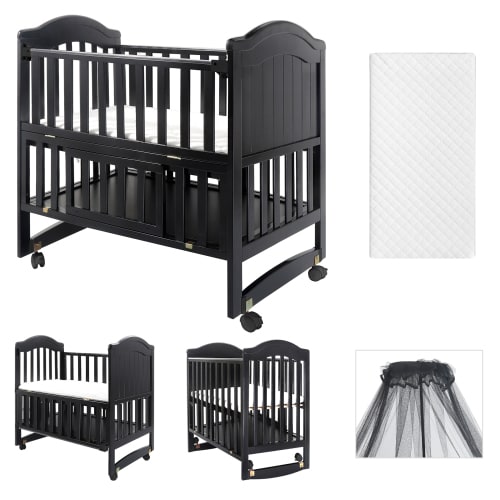 HARPPA 6-in-1 Convertible Mini Crib (Mattress + Mosquito Net Included), Black