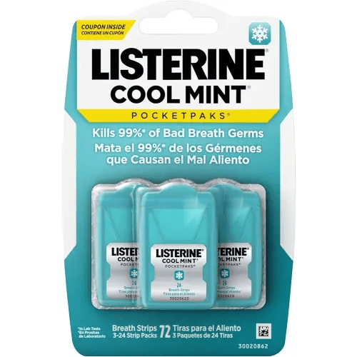 Listerine PocketPaks Cool Mint Breath Strips, Portable Pocket-Sized Oral Care Mouth Freshener, Dissolving Strips Kill 99% of Bad Breath Germs, Sugar Free, 3 x 24-Strip Packs