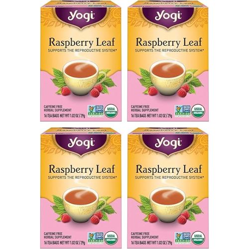 Yogi Raspberry Leaf Tea - Organic Raspberry Leaf Tea Supports Reproductive Health - Organic Tea Bags - Caffeine Free - 16 Tea Bags Per Pack (4 Packs)