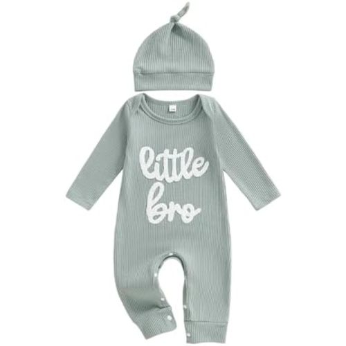 ZAXARRA Little Brother Newborn Outfit Letters Printed Waffle Baby Romper Fall Winter Infant Boy Clothes With Hat
