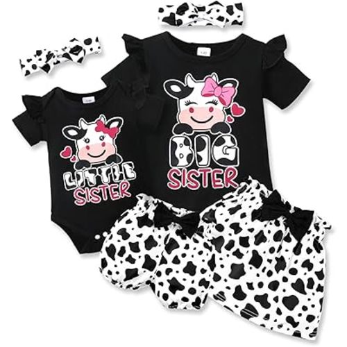 AMAWMW Big Sister Little Sister Matching Outfits Romper/Shirt+Shorts/Skirt+Headband Toddler Baby Girl Summer Clothes