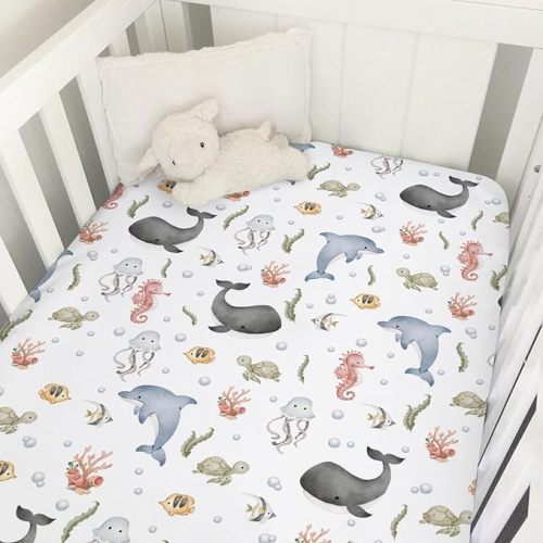 Boho Sea Animals Baby Crib Fitted Sheet 52''x28'' Whale Dolphin Jellyfish Sea Horse Turtle Fish Coral Snug Fitted Crib Mattress Cover for Boy Girl Soft Bed Sheets for Standard Crib Toddler Mattress