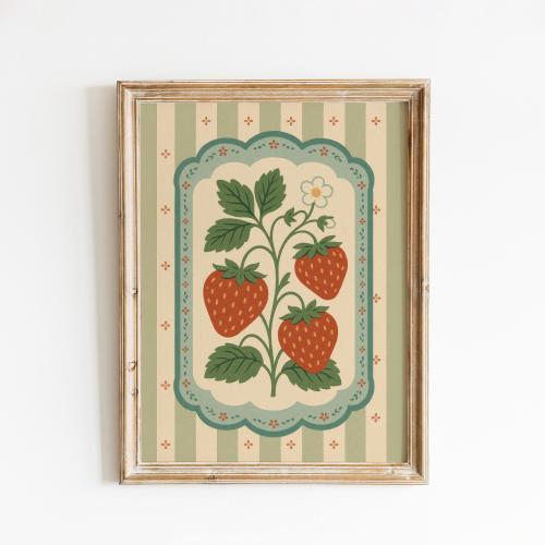 8x10 Vintage Strawberry Wall Art – Folk Style Fruit Poster for Kitchen or Nursery
