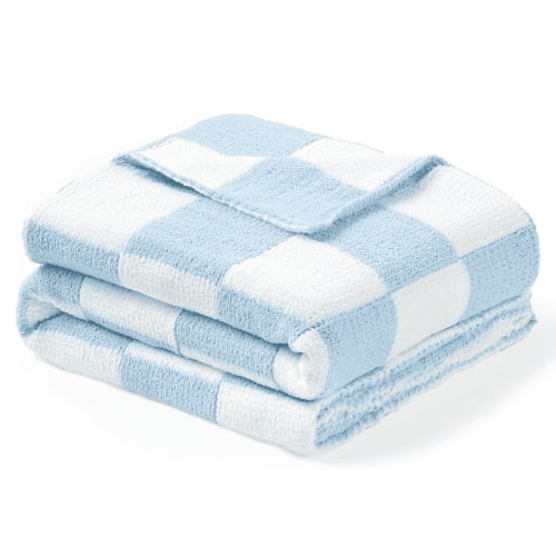 CREVENT Cozy Warm Boys Blue Checked Chenille Knitted Baby Receiving Blanket