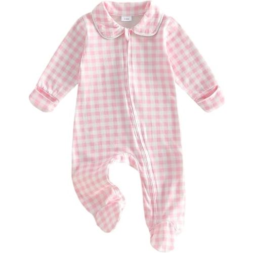 Seyurigaoka Newborn Baby Boy Girl Clothes Striped Footed Romper Peter Pan Collar Zipper Jumpsuit Going Home Outfit