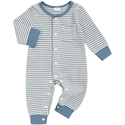 GRNSHTS Baby Boy Clothes Striped Waffle Baby Boy Fall Outfits Long Sleeve Newborn Boy Romper Infant Winter Bodysuit Jumpsuit