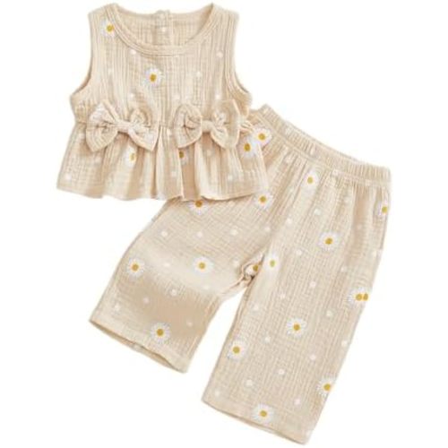 Kaipiclos Infant Baby Toddler Girl Clothes Daisy Linen Outfits Bows Shirts Long Pants 6 12 18 24 Months 3T 4T Girls Clothing