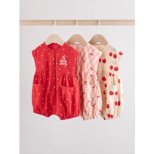 Red and Ecru Cherry Button Through 3 Pack Baby Rompers