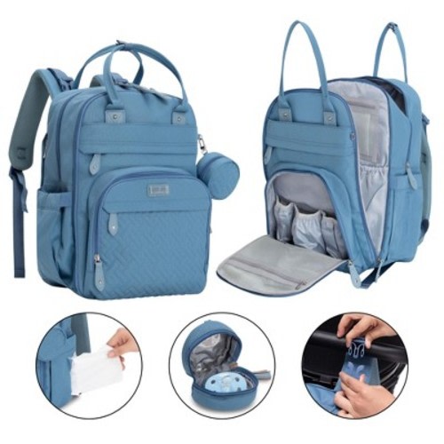 BabbleRoo Original Diaper Bag Backpack Stylish 26L Hands Free Baby Bag with Changing Pad, Stroller Straps & Water-Resistant, Light Blue, Large