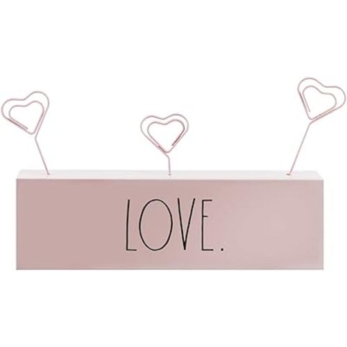 Rae Dunn Photo Holder Picture Display - Multiple Picture Holder for Desk, Table, Cubicle Shelf, Windowsill, Mantle - Cute Heart Shaped Wire Clips in a Decorative Wooden Block Stand - Love Pink