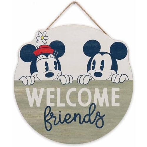 Disney Mickey Mouse and Minnie Welcome Friends Round Hanging Wood Sign